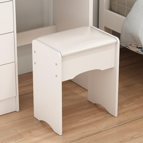 ECACAD Vanity Desk Set with Round Mirror, Makeup Dressing Table with 5 Drawers, Storage Shelves & Cushioned Stool for Bedroom, White - style: White-Without Light