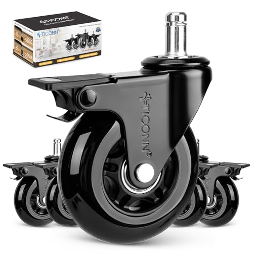 TICONN Office Chair Caster Wheels Set of 5 for Tile, Hardwood Floors and Carpets, Universal Fit for Most Chairs (Black with Brake) - style: Black with Brake