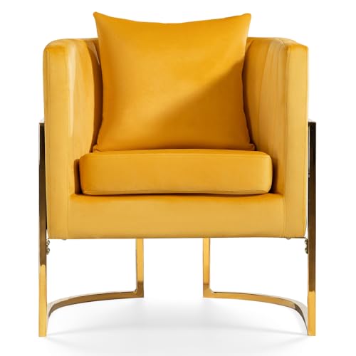 Velvet Accent Chair, Modern Barrel Arm Chair for Living Room/Bedroom/Guest Reception, Upholstered Club Armchair with Pillow & Gold Base, Yellow - color: Yellow, size: 1 PC