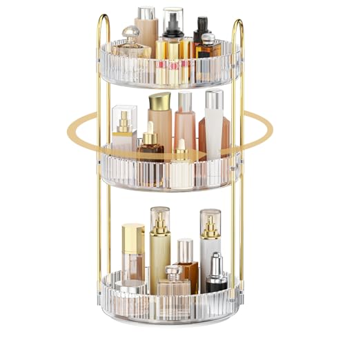MOKANI 360 Rotating Makeup Organizer for Vanity, 3 Tier Perfume Organizer | Adjustable Multi-Function Spinning Cosmetics Skincare Storage for Bedroom, Dresser, Countertop, Clear - color: B-Clear, size: 3 Tier