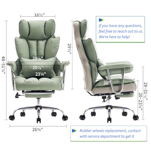 Efomao Big and Tall Office Chair 400lbs - Executive Office Chairs with Footrest, Heavy-Duty PU Leather Computer Chair for Heavy People, Light Green Home Office Desk Chairs | 400lbs support, 135° recline, dual-layer foam cushion, 23.5" seat & footrest. BIF