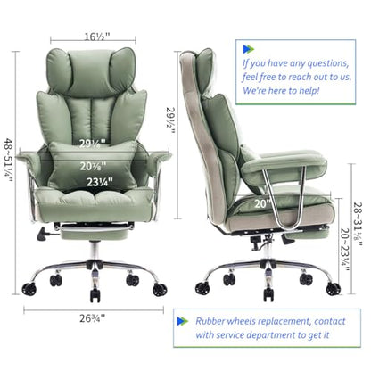 Efomao Big and Tall Office Chair 400lbs - Executive Office Chairs with Footrest, Heavy-Duty PU Leather Computer Chair for Heavy People, Light Green Home Office Desk Chairs | 400lbs support, 135° recline, dual-layer foam cushion, 23.5" seat & footrest. BIF