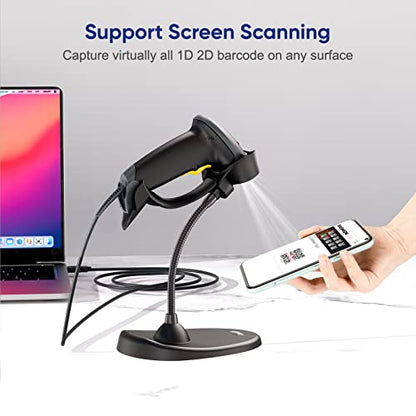 Eyoyo Handheld USB Wired 2D Barcode Scanner with Gooseneck Stand for POS | Automatic, QR Code Scanner Bar Code Reader, Support Screen Scanning, for PC Library Store Supermarket Check-Out, Inventory