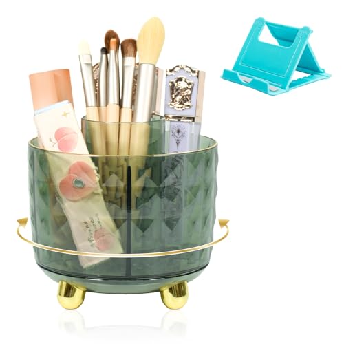 SAYEEC Pen Holder for Desk 6 Slots Rotating Makeup Brush Organizer Toothbrush Hairbrush Holder Versatile Desk Skincare Cosmetic Organizer Pencil Cup Pot Art Supply Caddy for Vanity Office, Dark Green