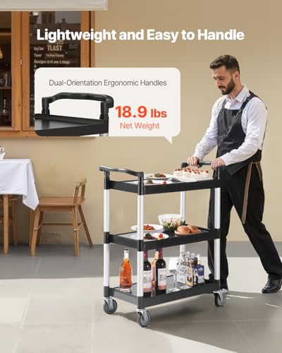 VEVOR Utility Cart, 300 lbs Load Capacity, 3-Tier Utility Plastic Cart with 360° Swivel Wheels (2 with Brakes), 24.4 x 16.1-inch Food Service Cart for Warehouse, Office, Home, Restaurant, Kitchen - style: 3 Tier-300LBS