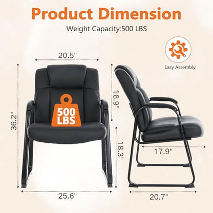 CLATINA Big and Tall Office Chair 500lbs Leather Reception Chair with Bonded Padded Armrest Wide Seat Sled Base Desk Chair No Wheels for Reception Conference Waiting Room Side Office Home, Black - color: Black Sled Base, size: 1 Pack