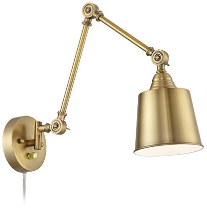 Mendes Antique Brass Swing Arm Plug-In Wall Lamps Set of 2 Light Fixture | Modern Adjustable Up Down Metal Shade for Bedroom Bedside House Reading Living Room Home Hallway Dining