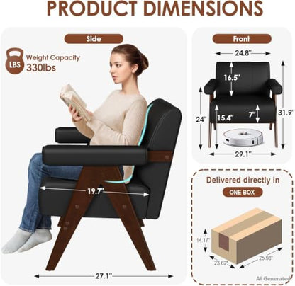 JIASTING Mid Century Modern Accent Chair Set of 2, Black Leather Armchair | JIASTING, Small, Comfy, Wood Arms, Living Room Bedroom, Office - color: Black