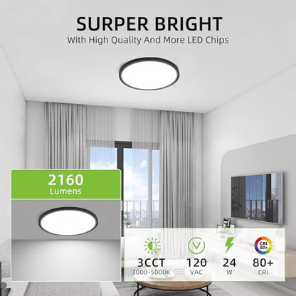 hykolity 12 Inch Selectable CCT LED Round Flat Panel Light,2 Pack | 24W 3000K/4000K/5000K, Edge-Lit Flush Mount Ceiling Light Fixture for Kitchen, Bedroom, Laundry and Closet Room,Black - color: Black, size: 12 inch