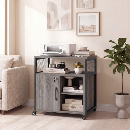 Rolling File Cabinet, Printer Stand with Charging Station (Grey) | Mobile Lateral Filing Cabinet | Adjustable Shelf & Metal Frame | Lockable Wheels | For Home Office & Small Space - color: Grey
