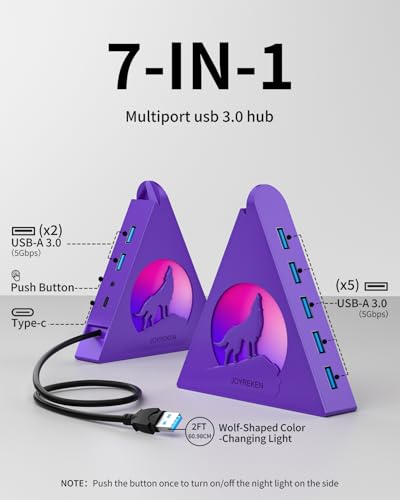 Deep Purple 7-Port USB 3.0 Hub, RGB Vertical Gaming USB Hub Tower with 5Gbps Data Transfer, 2FT Cable - USB Hub Splitter for PC, MacBook, Laptop, PS5, Flash Drives - color: Deep purple