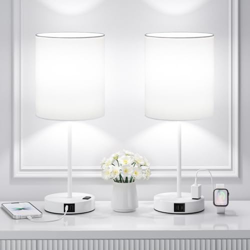 17.6" White Touch Lamps for Bedroom Set of 2 - Dimmable, USB C+A, AC Outlet | Large 17.6" Tall Lamp, 3-Way Dimming, 5000K Daylight Bulbs, White Lampshade White Base, for Living Room, Boys, Men, Girls - color: White