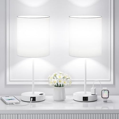 17.6" White Touch Lamps for Bedroom Set of 2 - Dimmable, USB C+A, AC Outlet | Large 17.6" Tall Lamp, 3-Way Dimming, 5000K Daylight Bulbs, White Lampshade White Base, for Living Room, Boys, Men, Girls - color: White