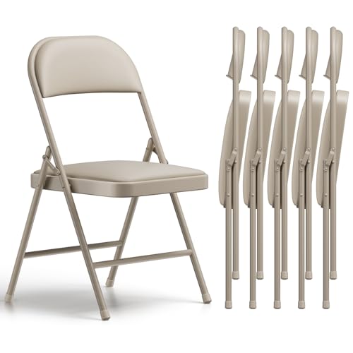 Folding Chairs 6 Pack, PU Leather Padded Folding Chairs for Outside and Indoor, Heavy Duty Portable Foldable Metal Commercial Seat for Home Office, Dorm, Party, Backyard, Lawn, Patio, Khaki - color: Khaki, size: 6 Pack