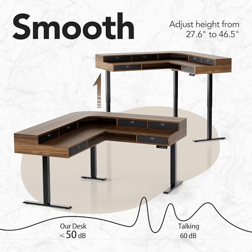 HUANUO 85" Electric L Shaped Standing Desk with File Cabinet, Walnut | 65"x58" 2-Tier L-Desk,File Cabinet, 6 Drawers,220lbs Carbon Steel,4 Memory Presets, 27.6"-46.5" Adjustable Height - color: Walnut, size: 6 Drawers+File Cabinet