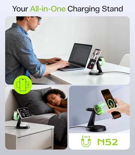 3 in 1 Magnetic Charging Station for iPhone 17-12 Series, iWatch &AirPods | 15W Wireless Charger Compatible with MagSafe, for Multiple Apple Devices, QC Adapter Included, Built-in Heat Dissipation - size: 15W Max for Phone