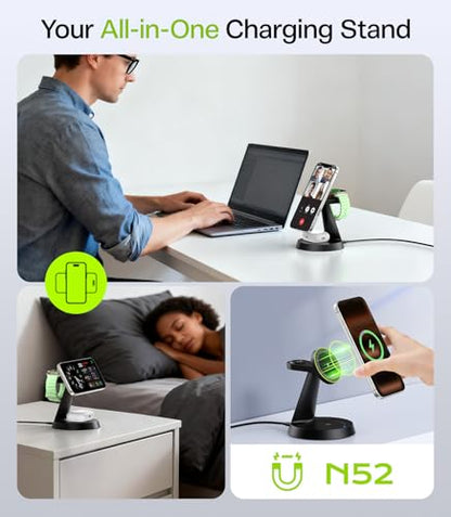 3 in 1 Magnetic Charging Station for iPhone 17-12 Series, iWatch &AirPods | 15W Wireless Charger Compatible with MagSafe, for Multiple Apple Devices, QC Adapter Included, Built-in Heat Dissipation - size: 15W Max for Phone