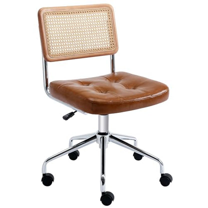 Zesthouse Leather Office Desk Chair with Wheels, Mid Century Rolling Desk Chair with Natural Rattan Back, Modern Swivel Home Office Chair, Small Height Adjustable Computer Task Chair, Brown - color: Brown, size: Armless