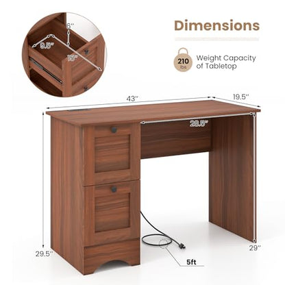 Tangkula Computer Desk with Drawers & Charging Station, Wooden Home Office Desk PC Laptop Notebook Desk, Compact Study Desk Writing Desk, Computer Workstation Ideal for Home & Office - color: Walnut