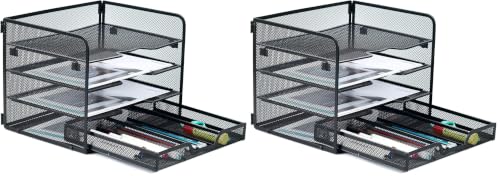 SETTFRFE 4-Tier Metal Desk Organizer-Paper Letter Tray with Drawer,Black (Pack of 2) - size: 12.8" x 10" x 9.9" (Pack of 2)