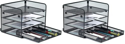 SETTFRFE 4-Tier Metal Desk Organizer-Paper Letter Tray with Drawer,Black (Pack of 2) - size: 12.8" x 10" x 9.9" (Pack of 2)
