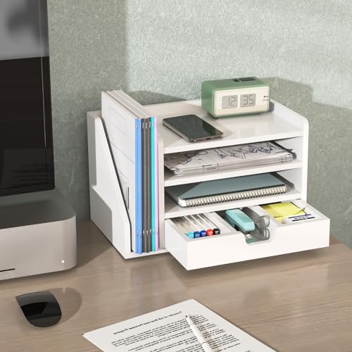 Multi-Tier Wood Desk File Organizer with Side File Rack, 3 Tray Shelves & Adjustable Drawer - Space-Efficient Design Easy to Assemble for Efficient Office Setup, Reduces Desk Clutter (White) - color: White