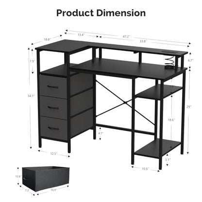 VINGLI 47" L-Shaped Gaming Desk, Fabric Drawers, Storage Shelves - color: Black, size: 47 Inch