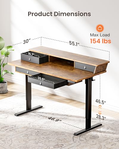ErGear Electric Standing Desk with 4 Drawers, 55 X 30 Inch Height Adjustable Desk with Storage, C-Clamp Mount Compatible, Home Office Table with Cable Management Tray, Vintage Brown
