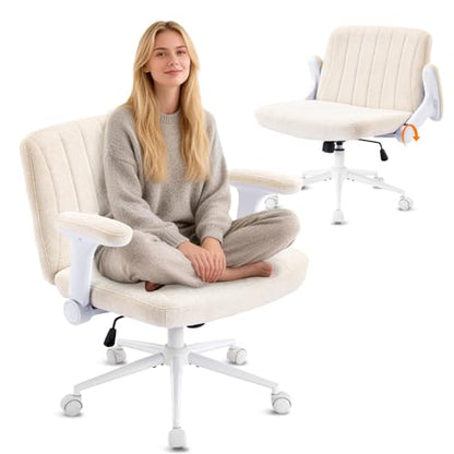 VINGLI Criss Cross Chair with Adjustable Flip-Up Arms,Cross Legged Chair with Wheels, Extra Wide Office Chair,Cozy Desk Chair for Home Office, Vanity, Apartment,Chenille Velvet,Beige - color: Beige