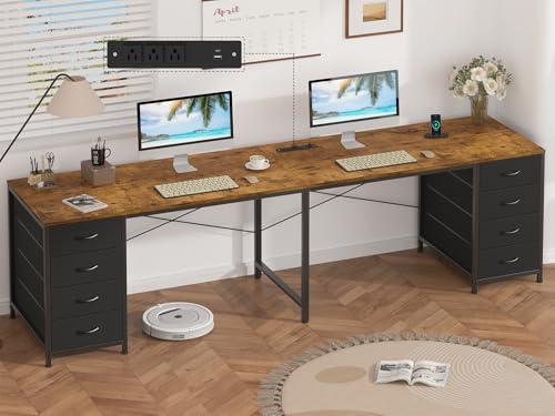 95" 2 Person Desk with 8 Fabric Drawers for Home Office, Living Room - color: Rustic Brown, size: 18.9"D x 94.5"W x 29.3"H