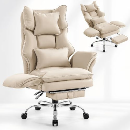 Executive Leather Criss Cross Office Chair with Foot Rest &Flip Arms | Big and Tall 155° Reclining Desk Chair with Wide Seat for Cross Legged Sitting for Home Office, PU Leather, 400LBS - color: Khaki