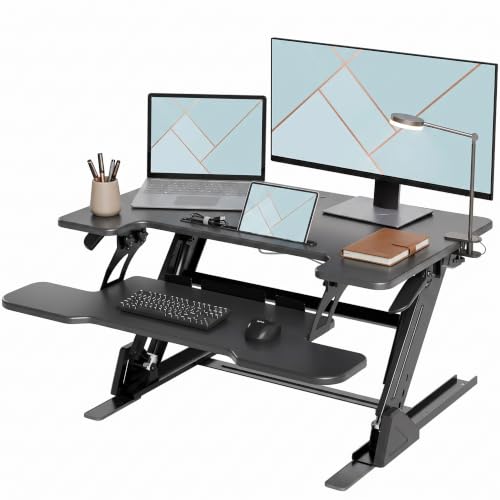YDN Standing Desk Converter 32 inch, Height Adjustable Sit Stand Up Desk Riser, Quick Sit to Stand Tabletop Dual Monitor Riser Workstation for Home Office with Keyboard Tray, Black - color: Black, size: 32inch