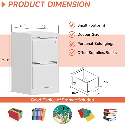 Metal Filing Cabinet with Lock,Vertical File Cabinet 2 Drawer,White File Cabinet with Lock for Home Office/Legal/Letter/A4,Lockable File Cabinets for Hanging File -Assembly Required - color: White, size: 2 Drawer-Vertical-15"W