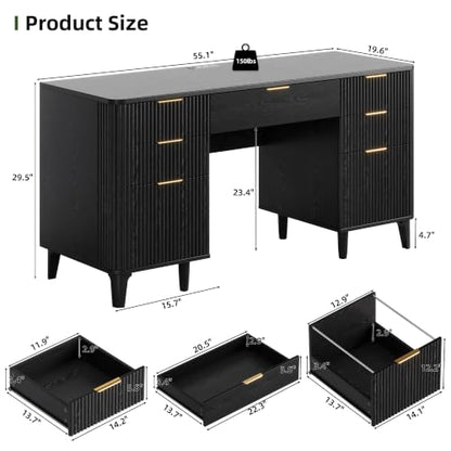 55.1" Fluted Executive Desk with Drawers, Wood Computer Desk with Storage Cabinet, Home Office Desk with Charging Station, Farmhouse Desk with File Cabinet for Office Home - color: Black With 4 Legs
