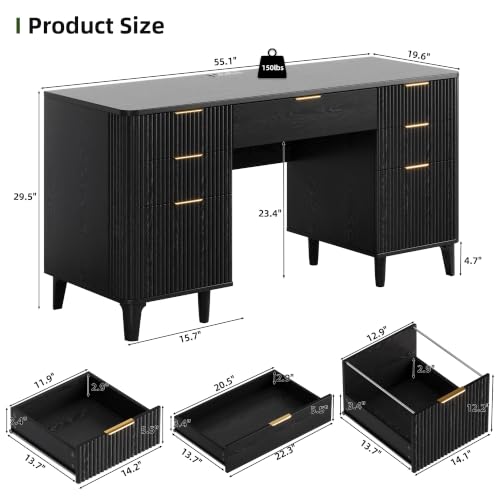 55.1" Fluted Executive Desk with Drawers, Wood Computer Desk with Storage Cabinet, Home Office Desk with Charging Station, Farmhouse Desk with File Cabinet for Office Home - color: Black With 4 Legs