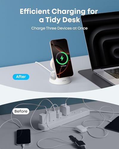 Anker MagSafe Charger Compatible, MagGo 3-in-1 Qi2 15W Charging Station | Wireless Charger, Magnetic Charging Stand for iPhone 17 / 16 / 15 Series, Apple Watch, AirPods, and More (Adapter Included) - color: White