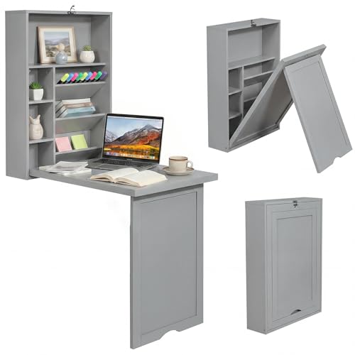 Tangkula Folding Wall Mounted Desk, Convertible Fold Out Floating Table with Storage Shelves, Space-Saving Drop Leaf Table, Murphy Desk for Craft, Study, Small Spaces, Home Office, Dorm, Grey - color: Grey