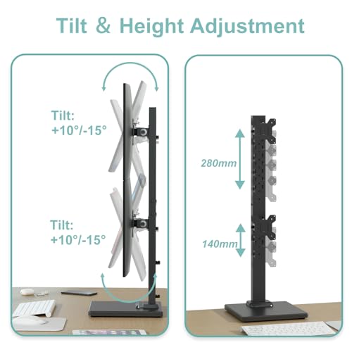 Suptek Dual Monitor Stand Vertical Stack Free-Standing Riser | Fits Two Screen Max 36" & One Screen Max 43", Swivel, Tilt, Height Adjustable, 50, 75 and 100mm Vesa, Base Stand - size: 13-43in(single)/13-36in(dual)