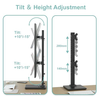 Suptek Dual Monitor Stand Vertical Stack Free-Standing Riser | Fits Two Screen Max 36" & One Screen Max 43", Swivel, Tilt, Height Adjustable, 50, 75 and 100mm Vesa, Base Stand - size: 13-43in(single)/13-36in(dual)