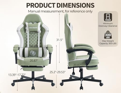Office Desk Computer Gaming Chair for Adults, Ergonomic High Back Gamer Chair with Massage and Pocket Spring Cushion, Swivel Comfy Video Game Chairs with Footrest and Lumbar Support (Green White) - color: Base Green Fabric