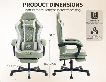 Office Desk Computer Gaming Chair for Adults, Ergonomic High Back Gamer Chair with Massage and Pocket Spring Cushion, Swivel Comfy Video Game Chairs with Footrest and Lumbar Support (Green White) - color: Base Green Fabric