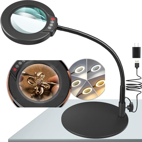 10X Magnifying Glass with Light and Stand, 16.5in Flexible Goose-Neck, 5 Color Modes Stepless Dimmable LED Lighted Desk Lamp, Hands Free Magnifier for Crafting Hobby Painting Close Work - Black - color: Black, size: 10X-16.5in