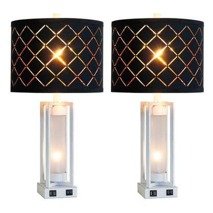 25" Set of 2 Farmhouse Table Lamps with USB C+A Ports | Rustic Retro Nightstand Lamps with White Night Light, Black Grid Shade, Desk Lamps for Bedroom Bedside, 4 Bulbs Included - color: White