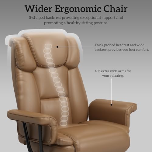 GYI 160 Reclining Office Chair with Footrest, Big & Tall Desk Chair, Brown | Cross Legged Seat, High Back, Faux Leather, Heavy Duty Base, Adjustable Height, for Home, Executive - color: Brown