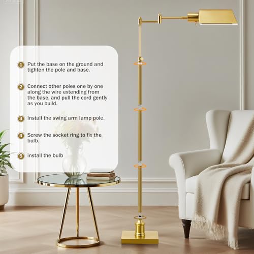 GyroVu Traditional Height Adjustable Pharmacy Floor Lamp with 350° Swing Arm, Color Temperature Adjustable Standing Lamp Metal Shade for Living Room Reading House Bedroom Home Office(Gold) - color: Gold