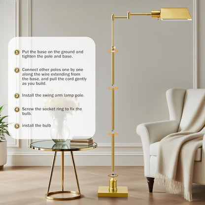 GyroVu Traditional Height Adjustable Pharmacy Floor Lamp with 350° Swing Arm, Color Temperature Adjustable Standing Lamp Metal Shade for Living Room Reading House Bedroom Home Office(Gold) - color: Gold