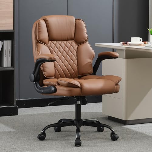 Office Desk Chair,Mid Back Executive Leather Chair,Ergonomic Home Computer Chair,Modern Conference Room Chairs with Adjustable Flip-Up Arms and Rocking Function (Brown) - color: Brown