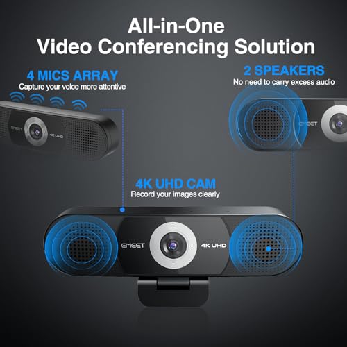 EMEET C980 PRO 3-in-1 4K Webcam with Microphone and Speaker, 60°-98° FOV | Wide Angle Webcam w/4 Noise Cancel Mics 2 Speakers, Fixed Focus, Magnetic Privacy Cover, Ideal for Group&Personal Video Calls - style: 4K with 4Mics 2Speakers