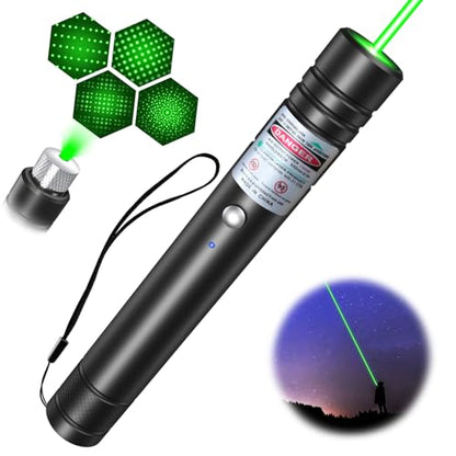 Green Laser Pointer, USB-A Rechargeable with Adjustable Star Cap | Single-dot mode, no charging cable required, wrist strap, for TV/LED/LCD screens, presentations, astronomy and outdoor use