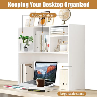 AQQHSAIN Desktop Bookshelf Wooden Desktop Hutch Storage Organizer Multipurpose Tabletop Display Rack with 4 Shelves for Computer Desk Hutch for College Dorm Office Home (White)